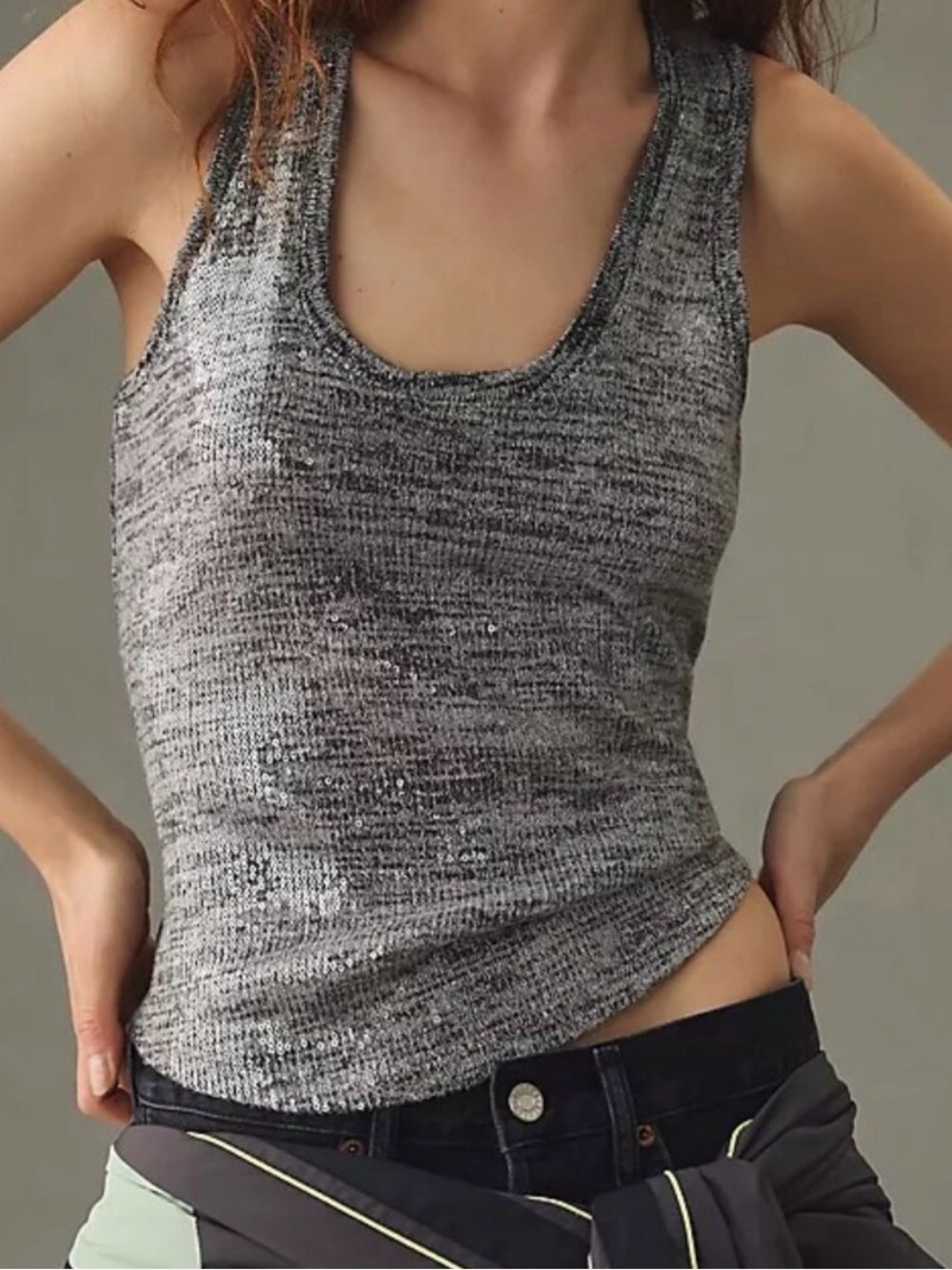 Pilcro for Anthropologie Racerback Sequin Silver Scoop Tank Top Size XS